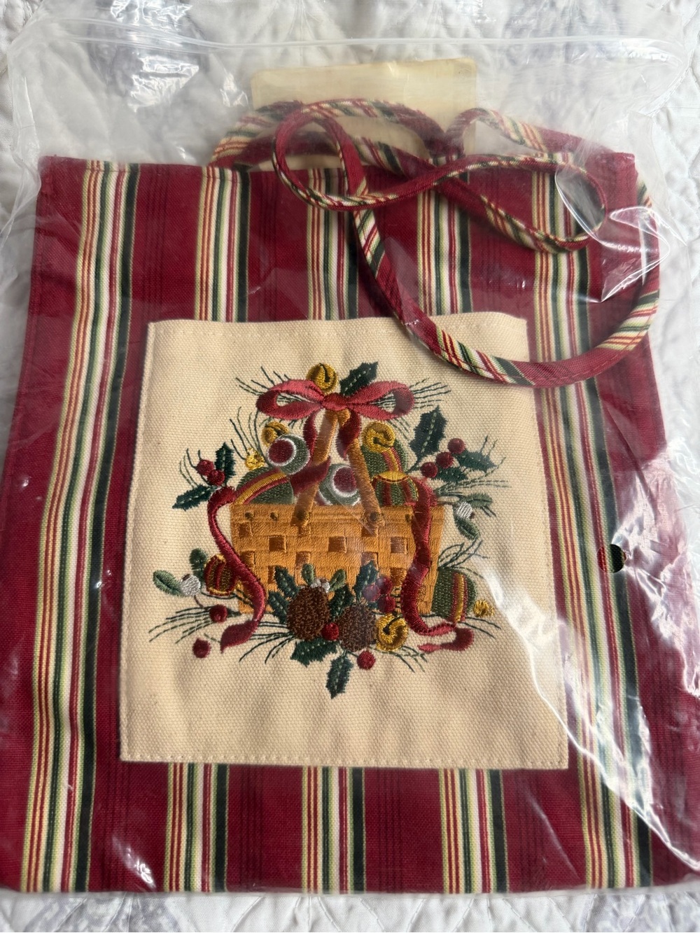 Longaberger Red and Cream Striped Tote with Embroidered Basket
